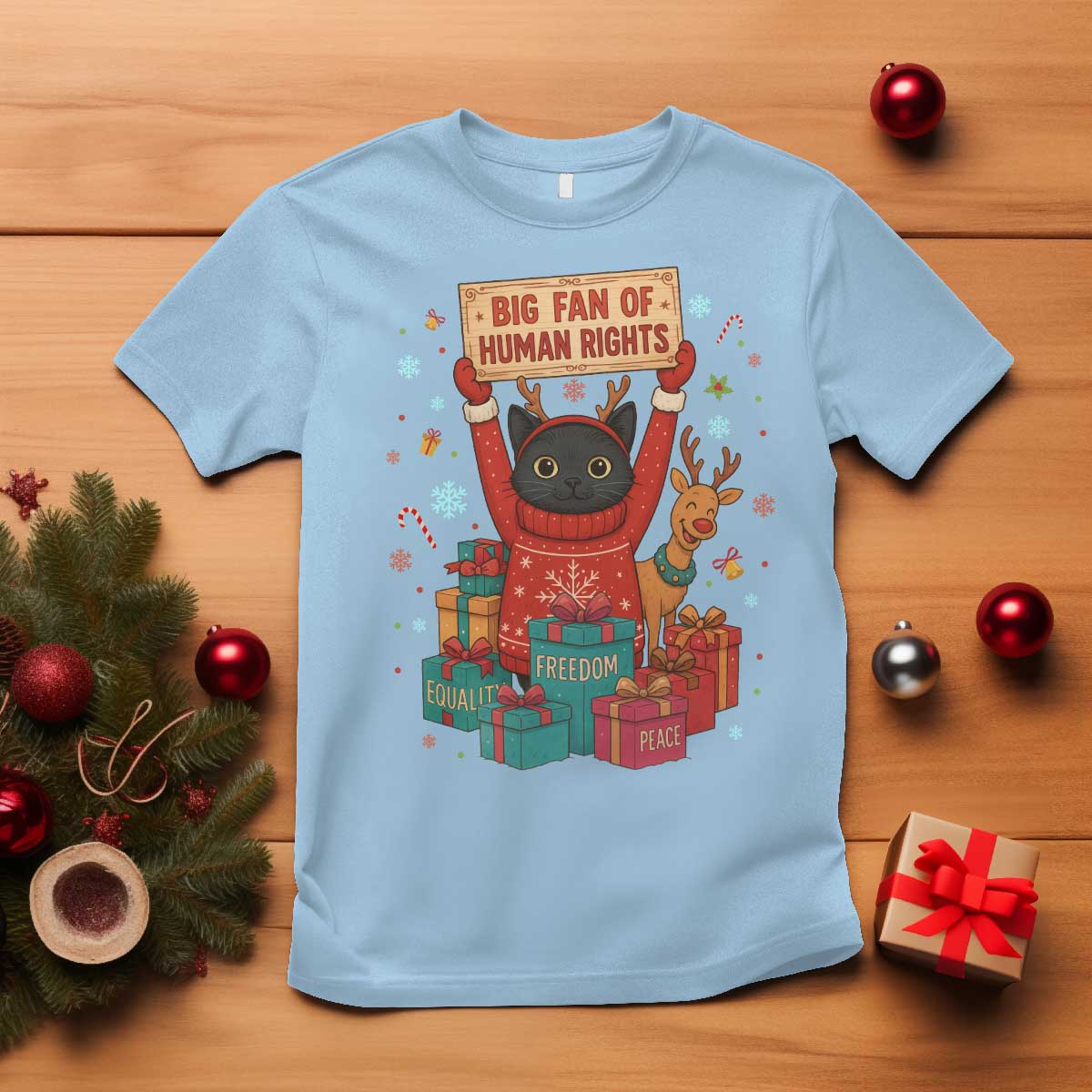 Cute Santa Cat Big Fan Of Human Rights T Shirt Christmas Supporters - Wonder Print Shop