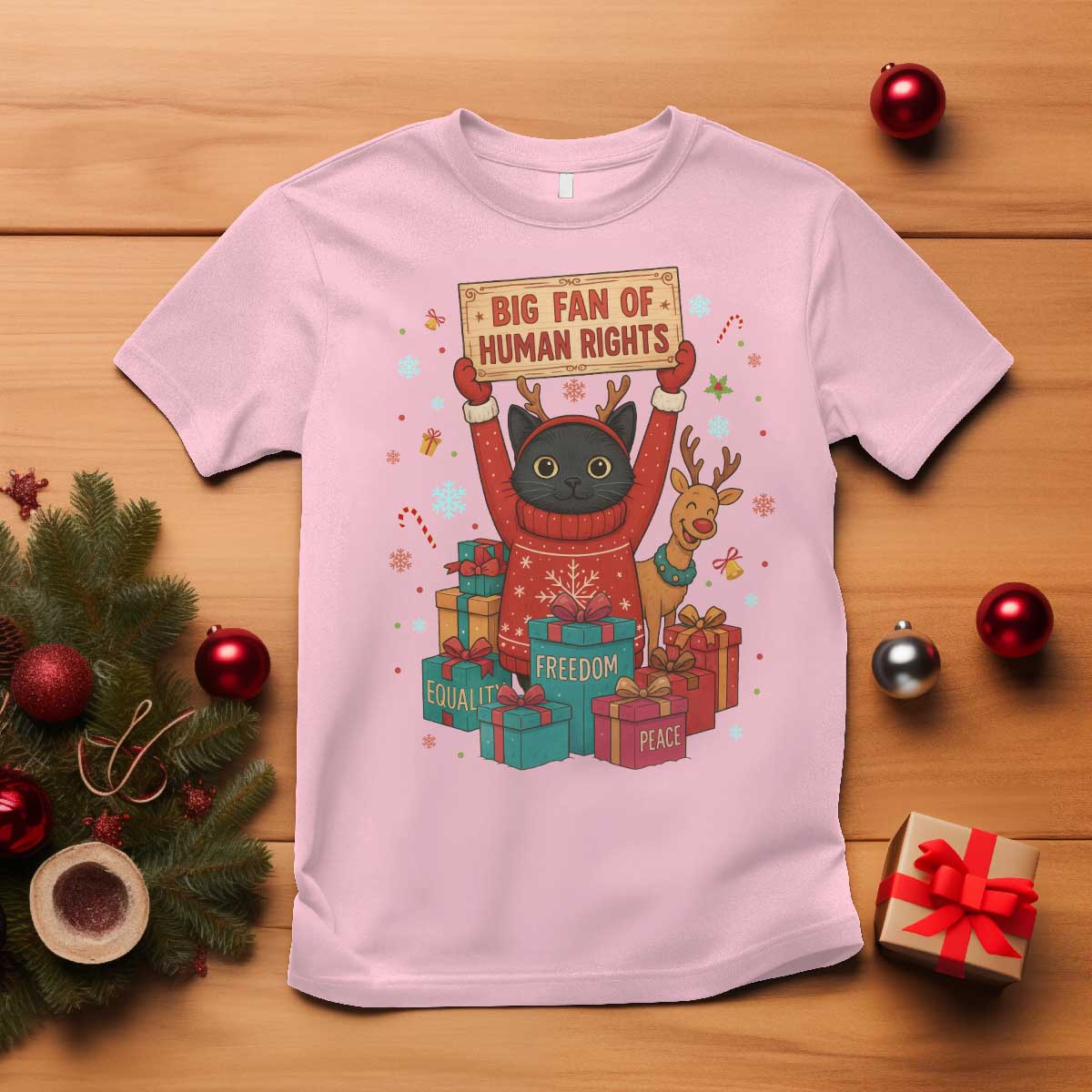 Cute Santa Cat Big Fan Of Human Rights T Shirt Christmas Supporters - Wonder Print Shop