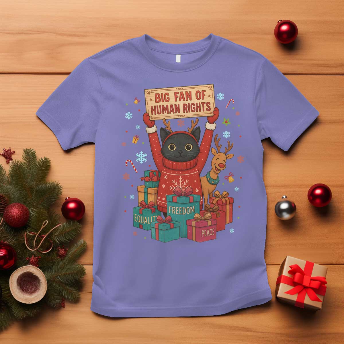 Cute Santa Cat Big Fan Of Human Rights T Shirt Christmas Supporters - Wonder Print Shop
