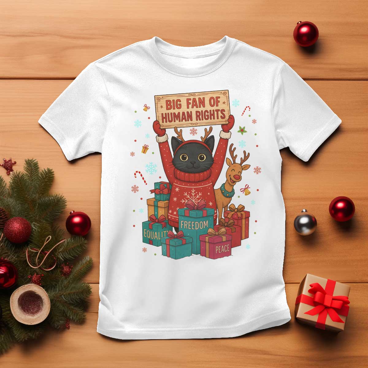 Cute Santa Cat Big Fan Of Human Rights T Shirt Christmas Supporters - Wonder Print Shop