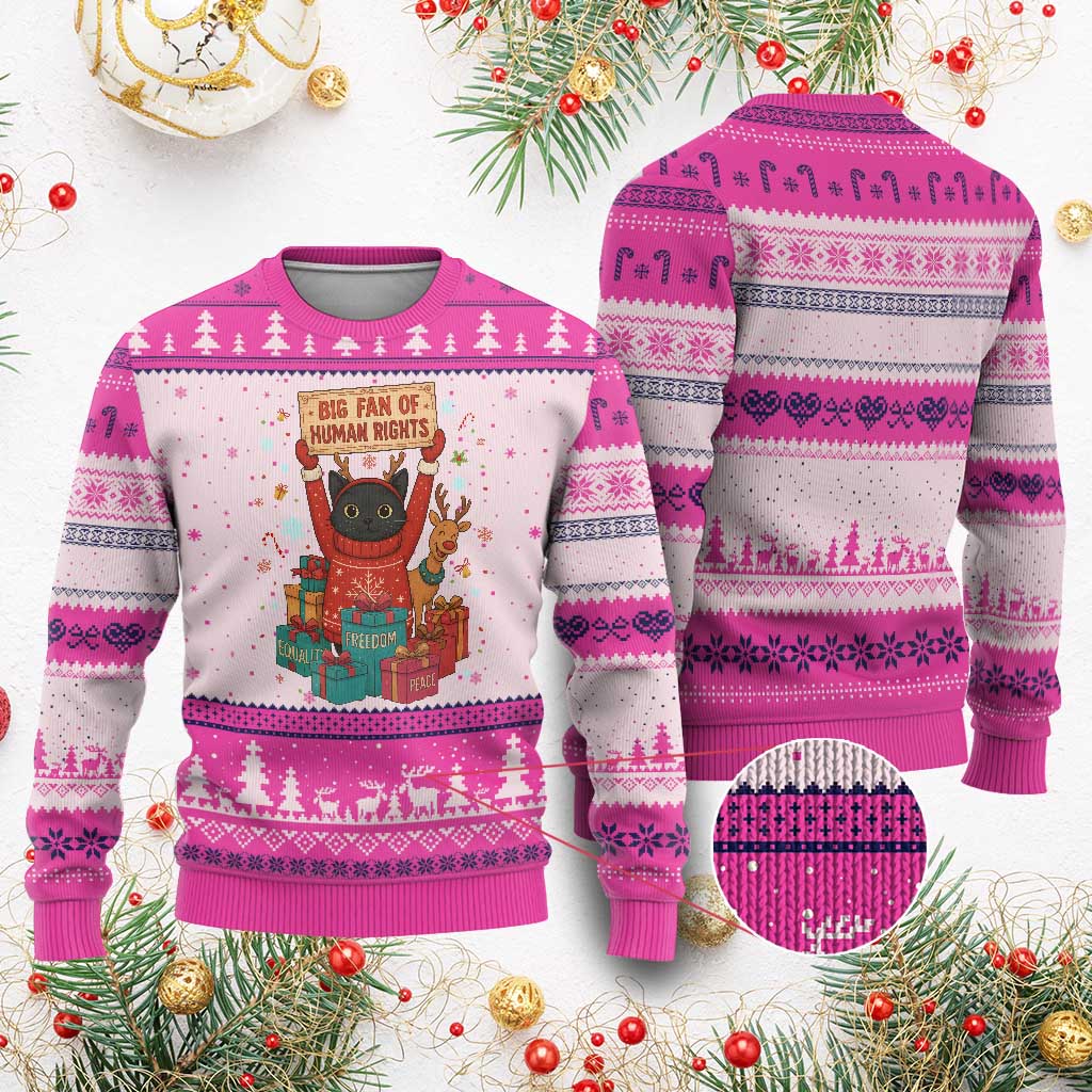 Cute Santa Cat Big Fan Of Human Rights Ugly Christmas Sweater Xmas Supporters - Wonder Print Shop