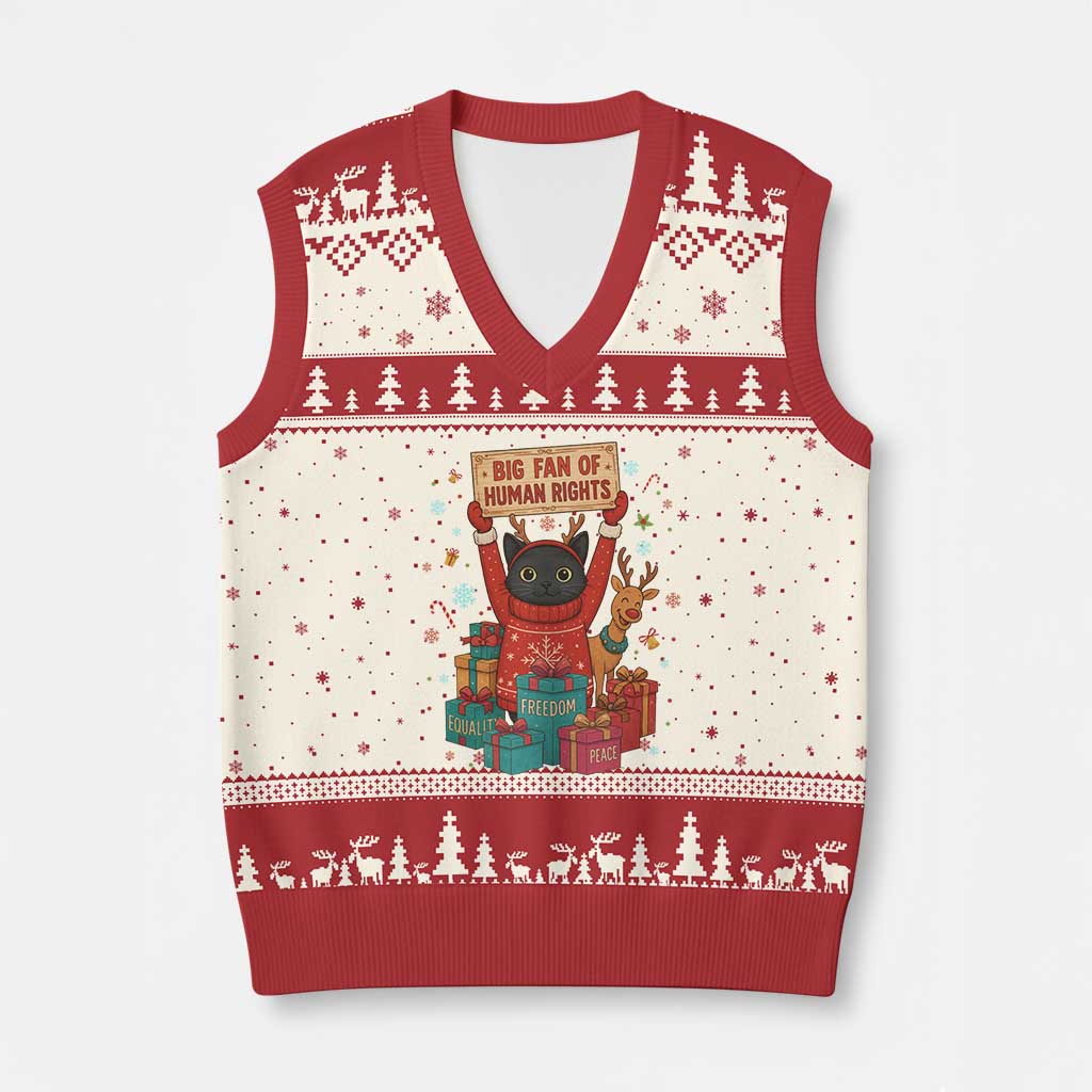 Cute Santa Cat Big Fan Of Human Rights V-Neck Knit Sweater Vest Xmas Supporters - Wonder Print Shop