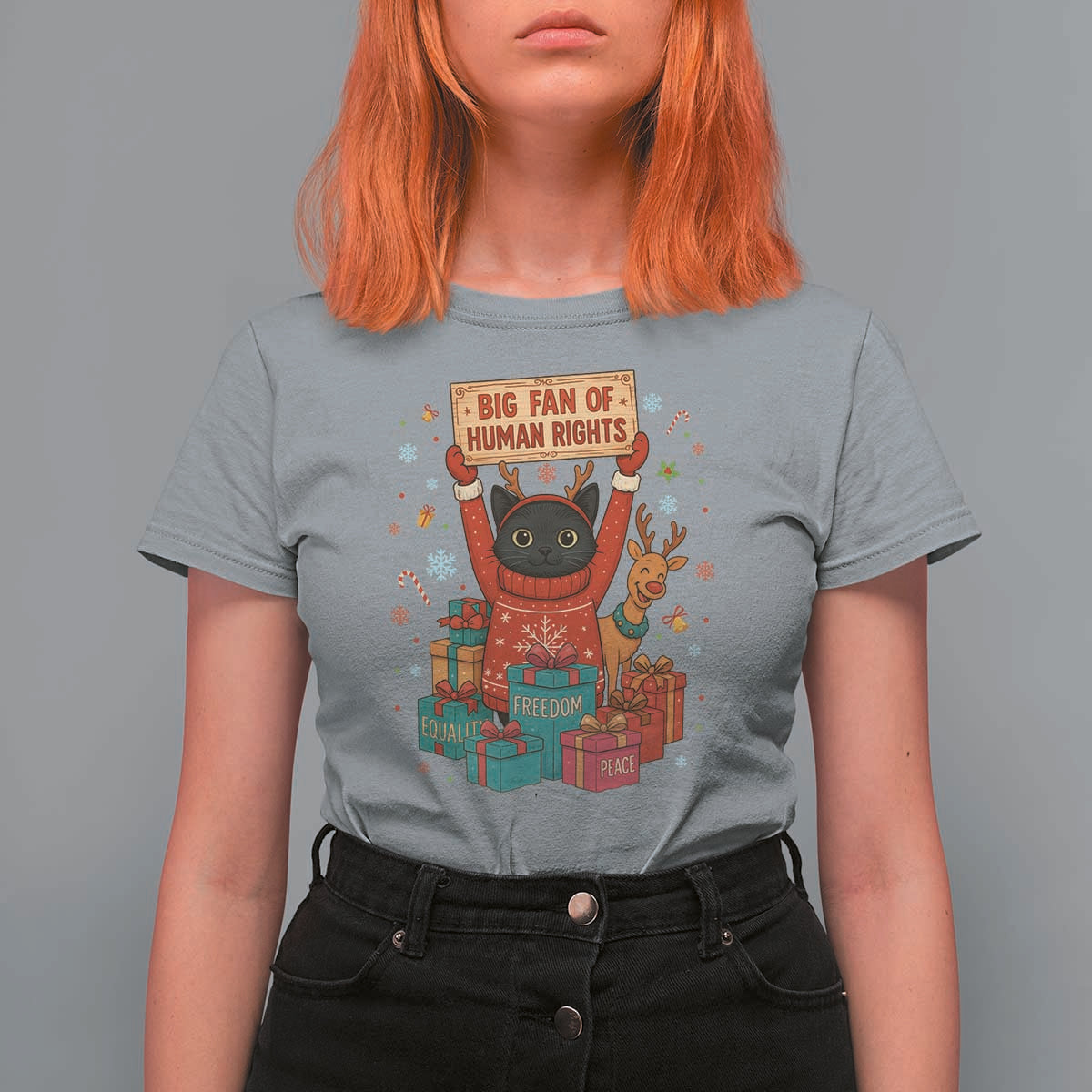 Cute Santa Cat Big Fan Of Human Rights T Shirt For Women Christmas Supporters - Wonder Print Shop