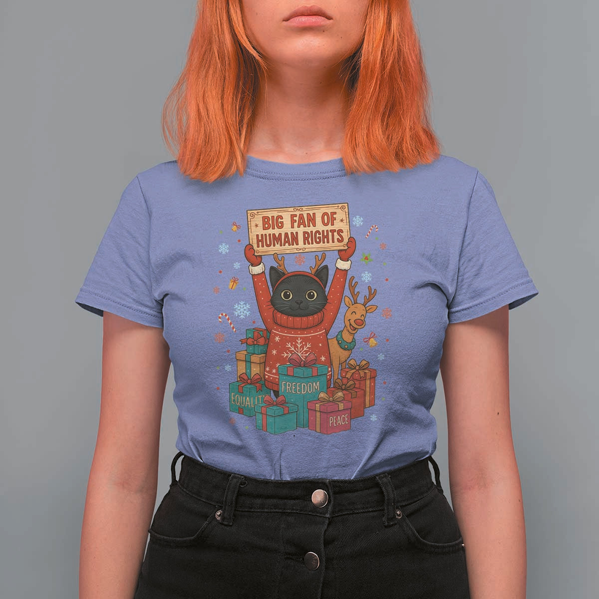Cute Santa Cat Big Fan Of Human Rights T Shirt For Women Christmas Supporters - Wonder Print Shop