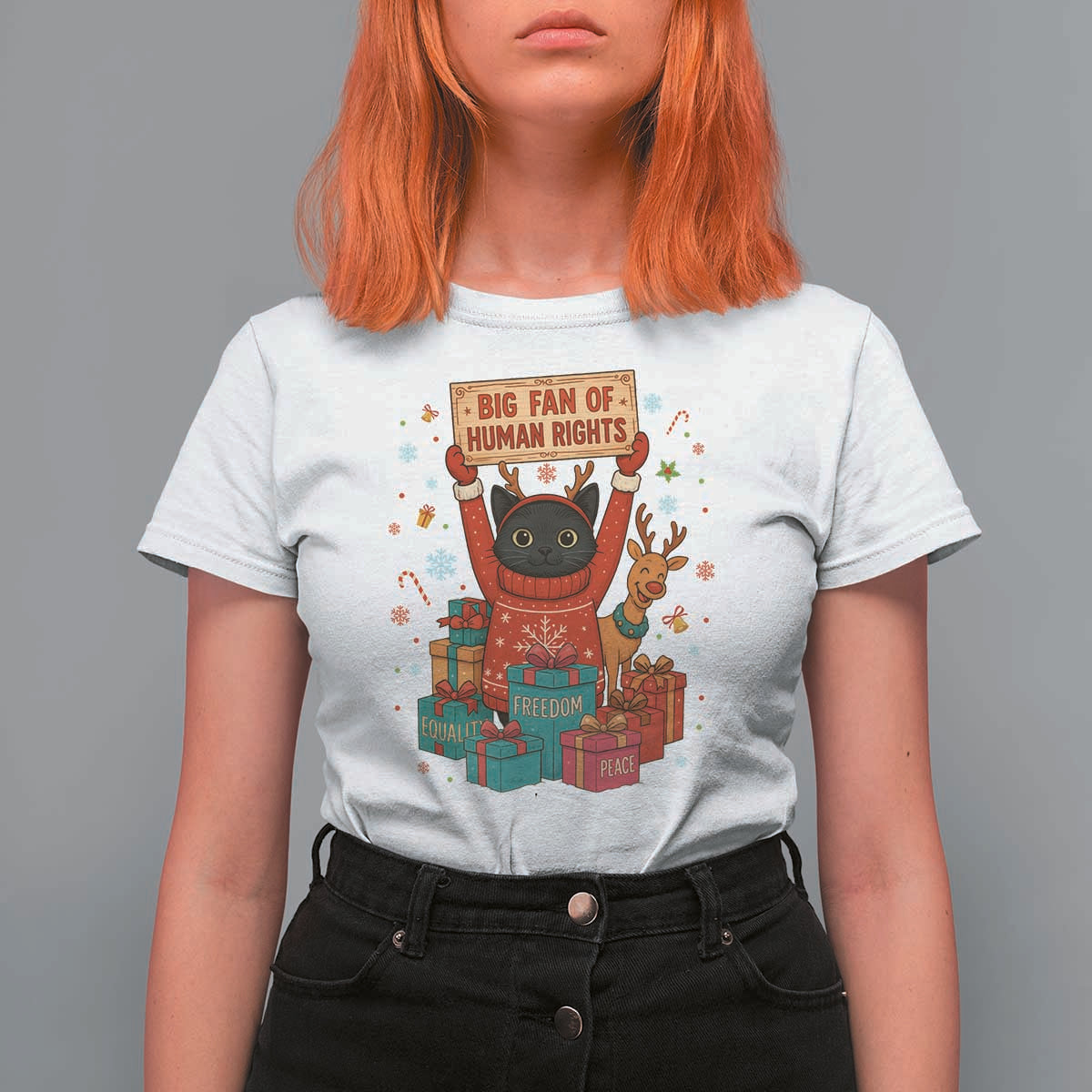 Cute Santa Cat Big Fan Of Human Rights T Shirt For Women Christmas Supporters - Wonder Print Shop