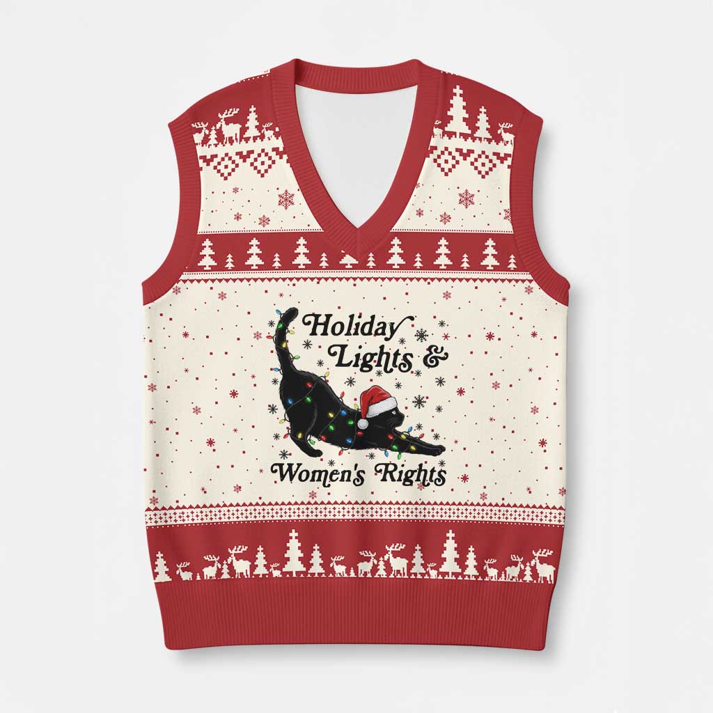 Sexy Cat Holiday Lights Womens Rights Supporter V-Neck Knit Sweater Vest Xmas Feminist Gift - Wonder Print Shop