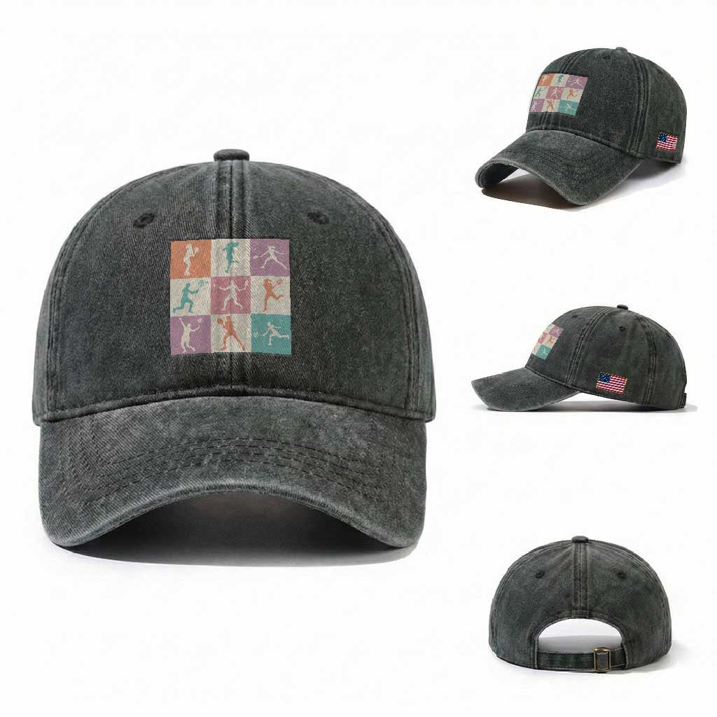 Tennis Lover Colorful Pastel Grid Sports Fan Gift Washed Cotton Baseball Cap