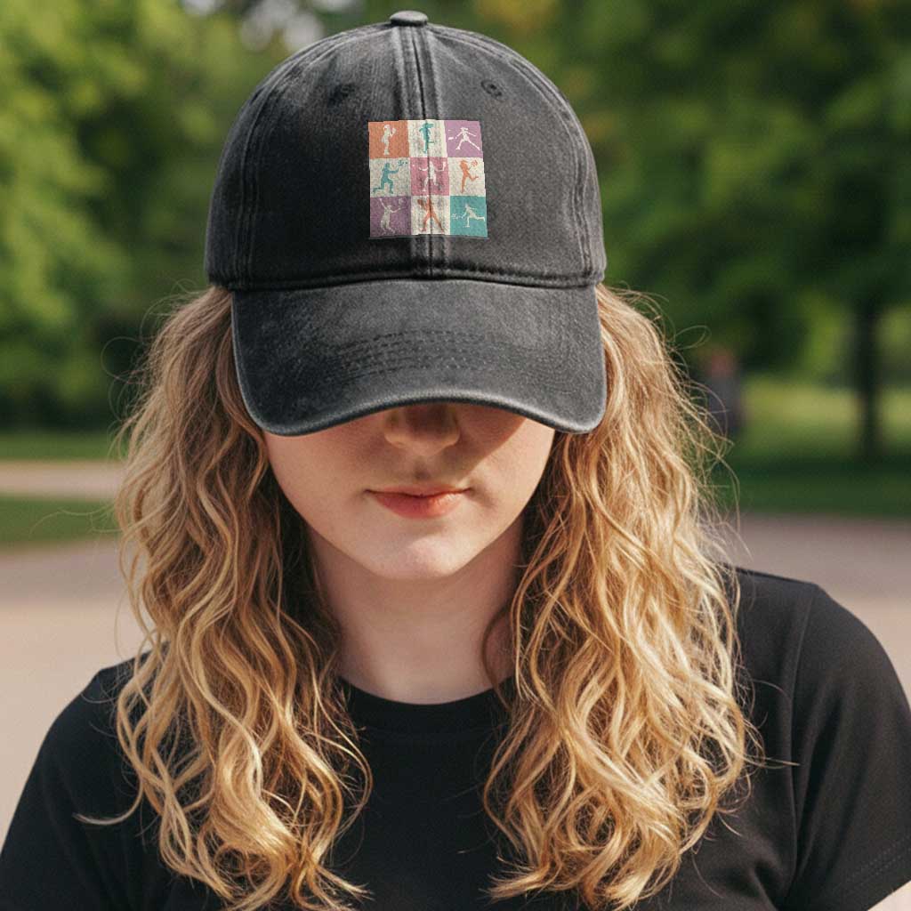Tennis Lover Colorful Pastel Grid Sports Fan Gift Washed Cotton Baseball Cap