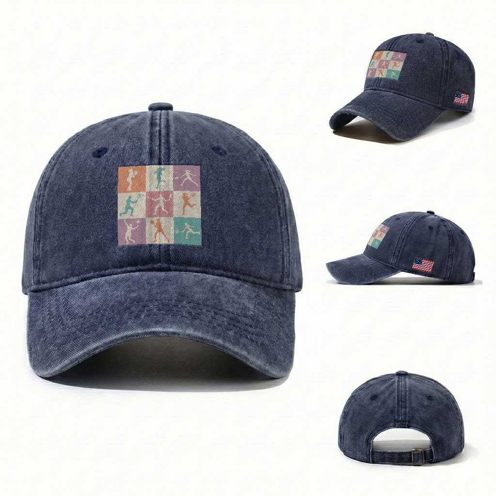 Tennis Lover Colorful Pastel Grid Sports Fan Gift Washed Cotton Baseball Cap
