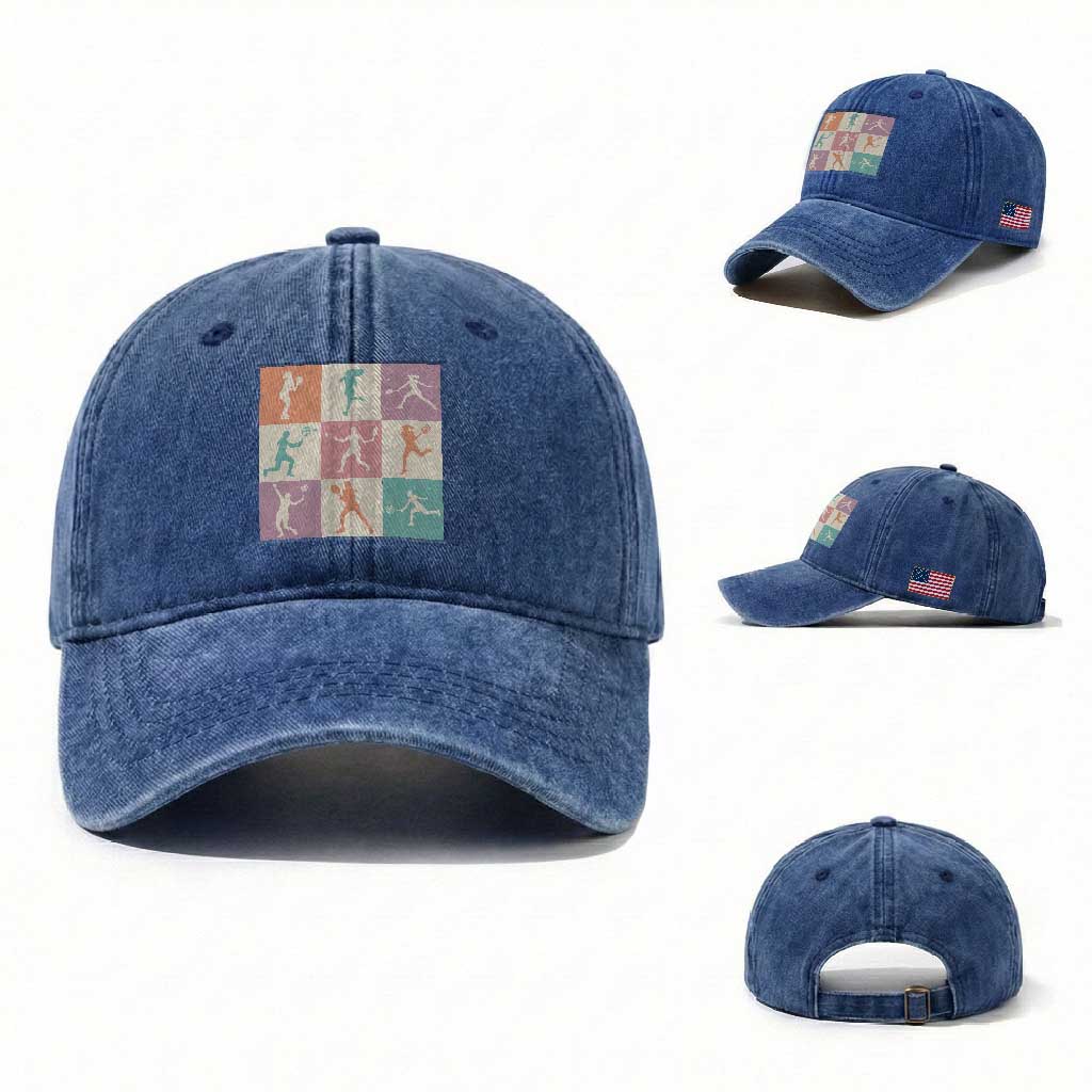 Tennis Lover Colorful Pastel Grid Sports Fan Gift Washed Cotton Baseball Cap