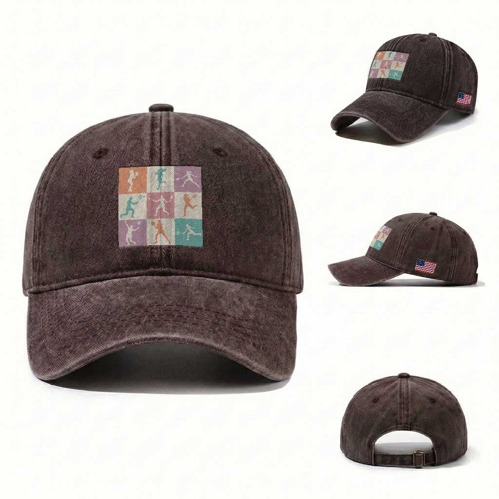 Tennis Lover Colorful Pastel Grid Sports Fan Gift Washed Cotton Baseball Cap