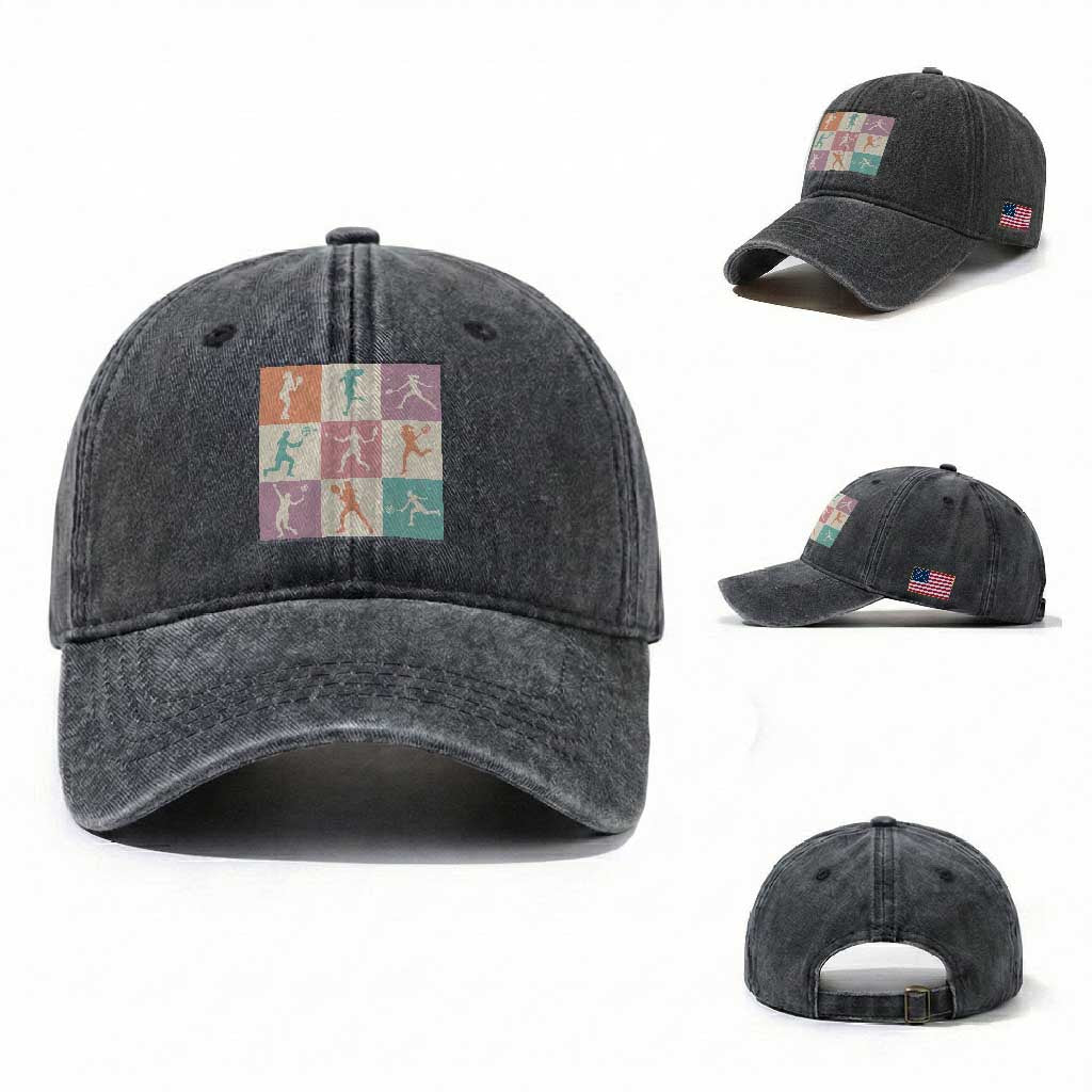 Tennis Lover Colorful Pastel Grid Sports Fan Gift Washed Cotton Baseball Cap