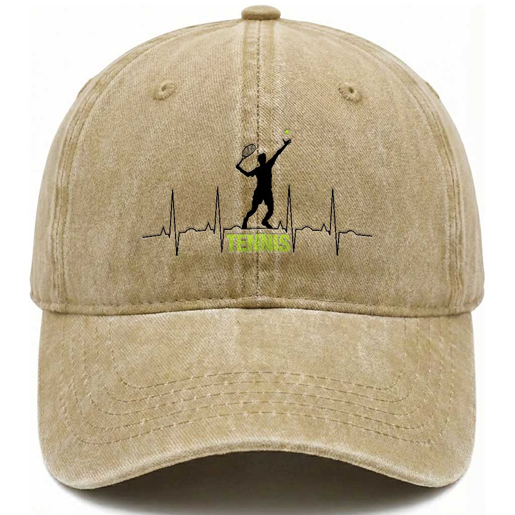Tennis Lover Heartbeat Washed Cotton Baseball Cap Sports Player Gift