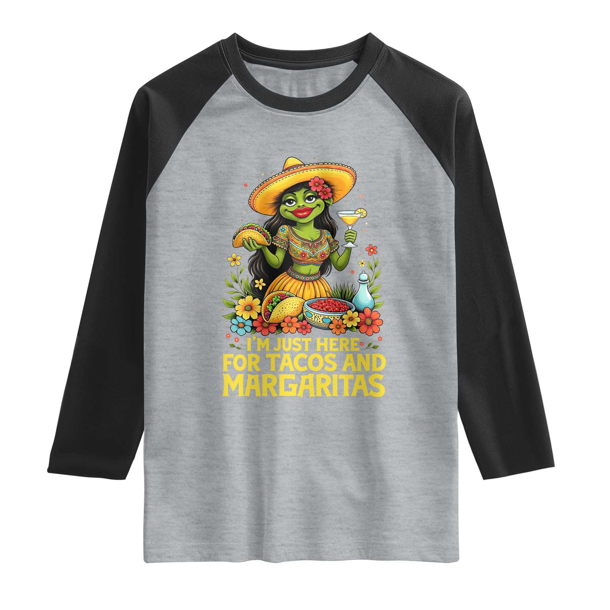 Funny Cinco De Mayo Frog Raglan Shirt Just Here For Tacos And Margaritas