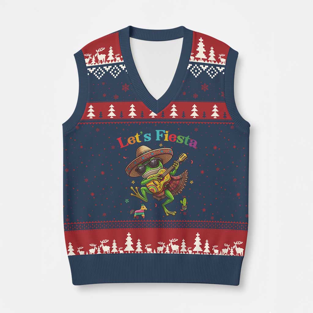 Funny Cinco De Mayo Frog Playing Guitar V-Neck Knit Sweater Vest Lets Fiesta