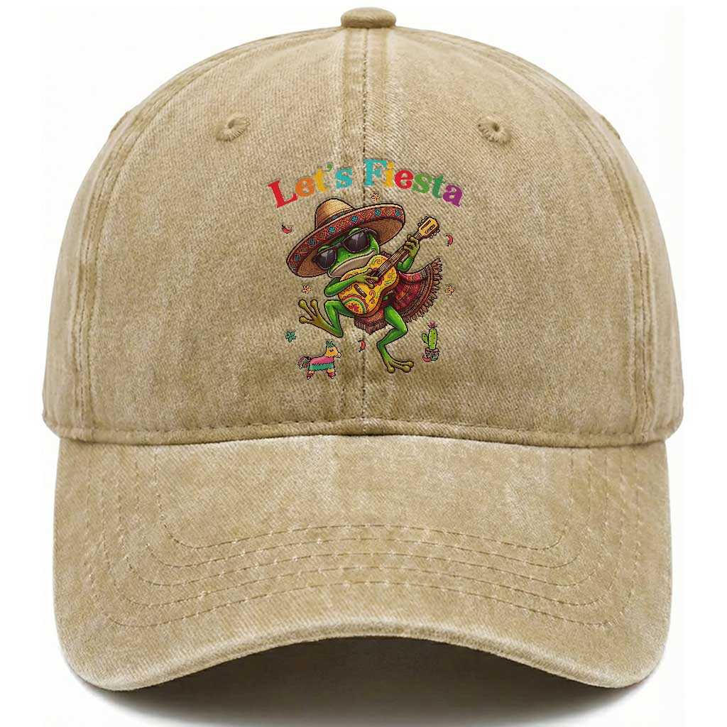 Funny Cinco De Mayo Frog Playing Guitar Washed Cotton Baseball Cap Lets Fiesta