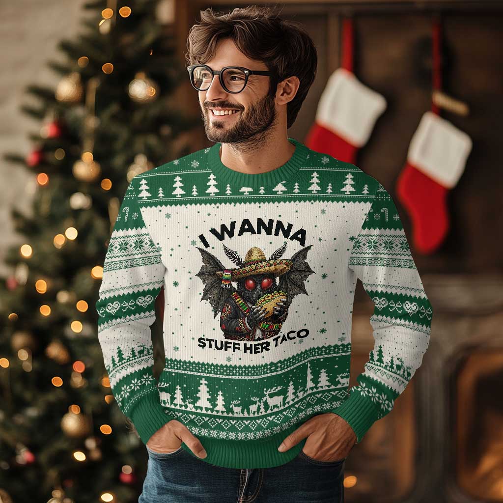 Funny Cinco De Mayo Mothman Ugly Christmas Sweater I Wanna Stuff Her Taco