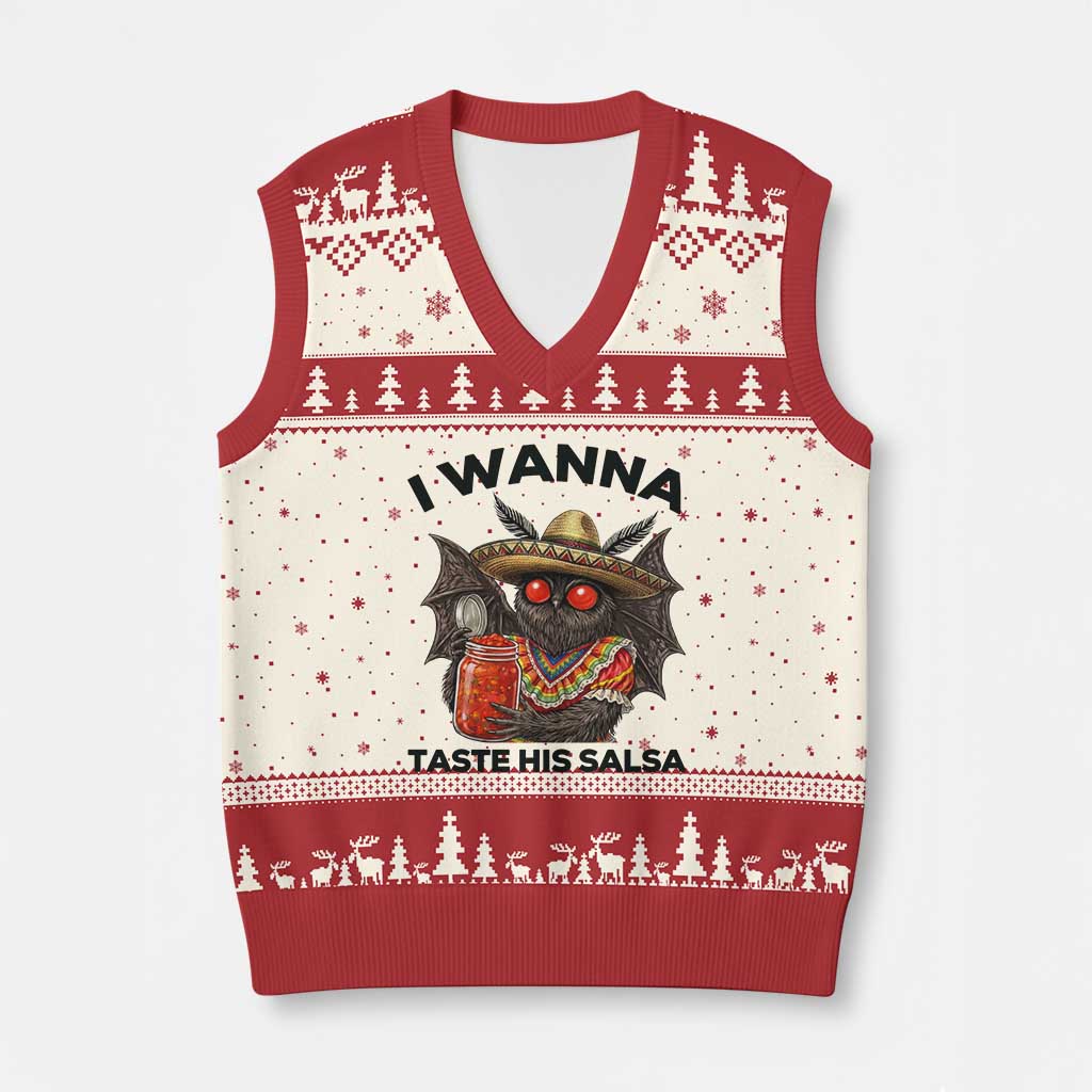Funny Cinco De Mayo Mothman V-Neck Knit Sweater Vest I Wanna Taste His Salsa