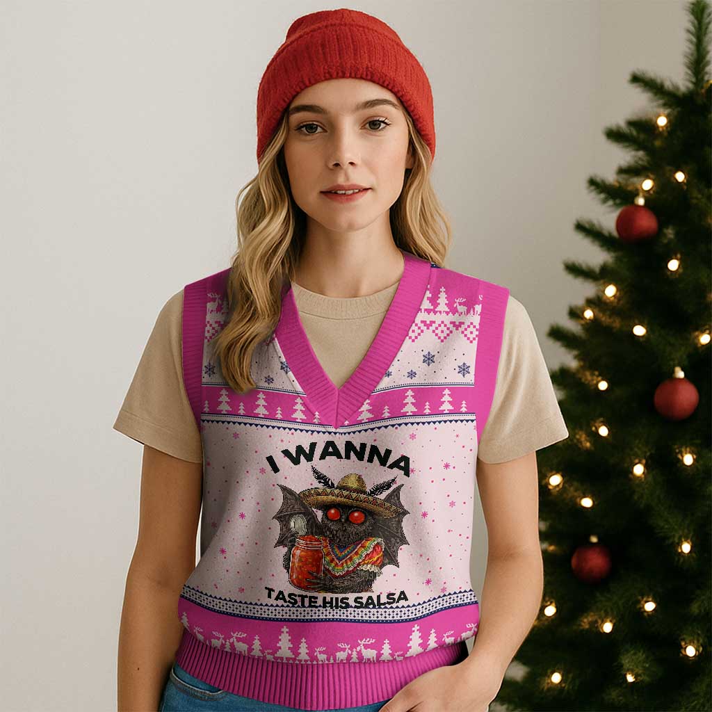 Funny Cinco De Mayo Mothman V-Neck Knit Sweater Vest I Wanna Taste His Salsa