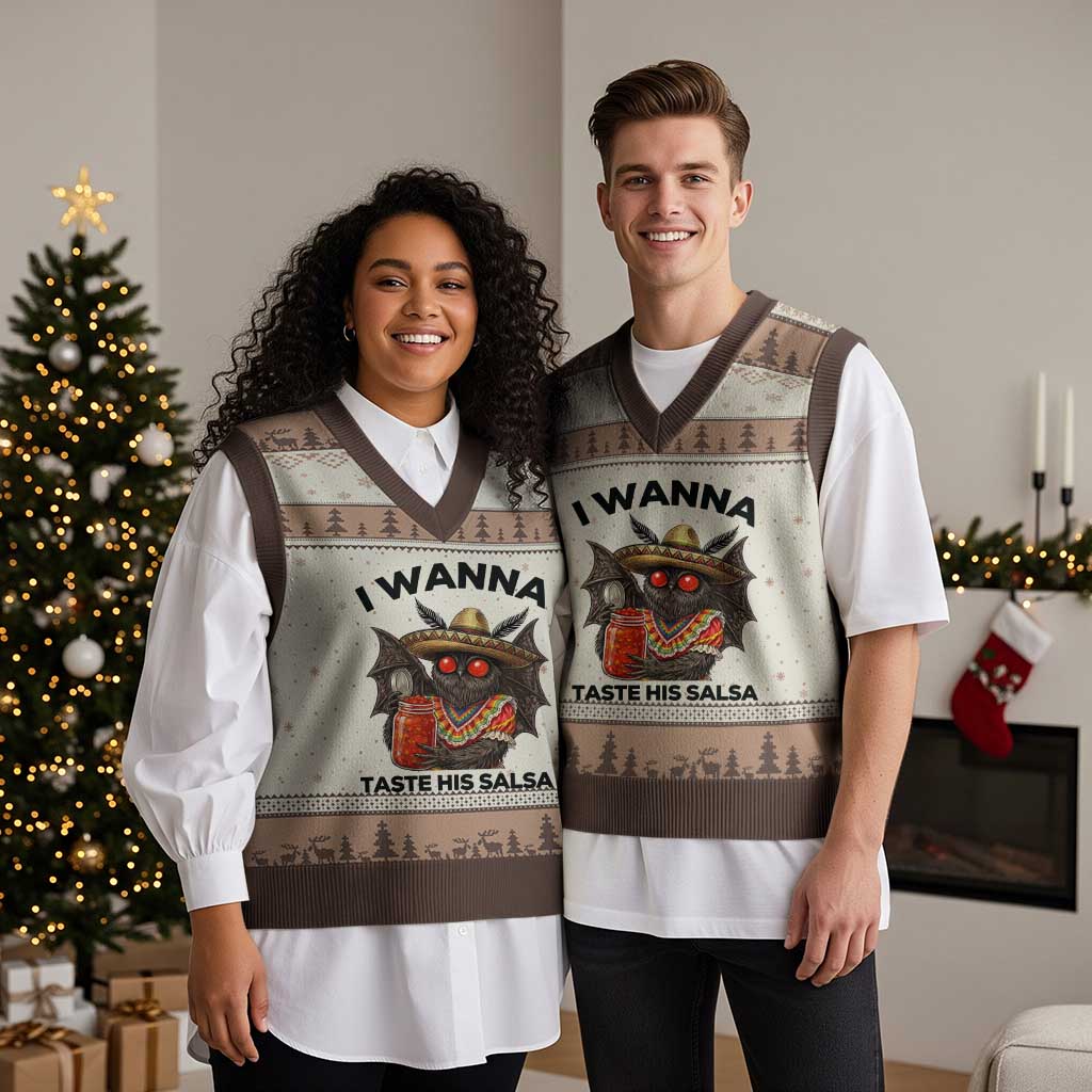 Funny Cinco De Mayo Mothman V-Neck Knit Sweater Vest I Wanna Taste His Salsa