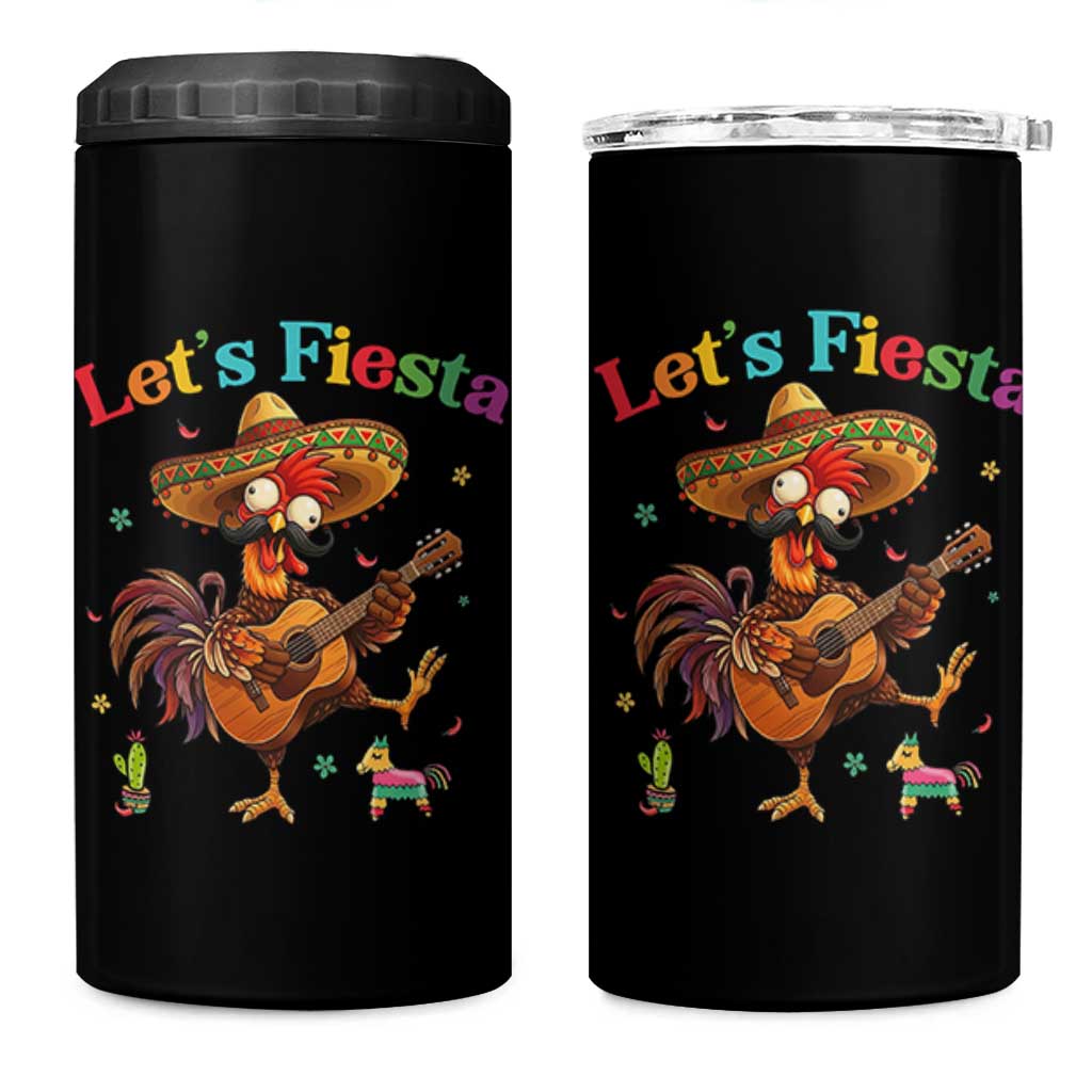 Lets Fiesta Cinco de May 4 in 1 Can Cooler Tumbler Funny Chicken Playing Guitar