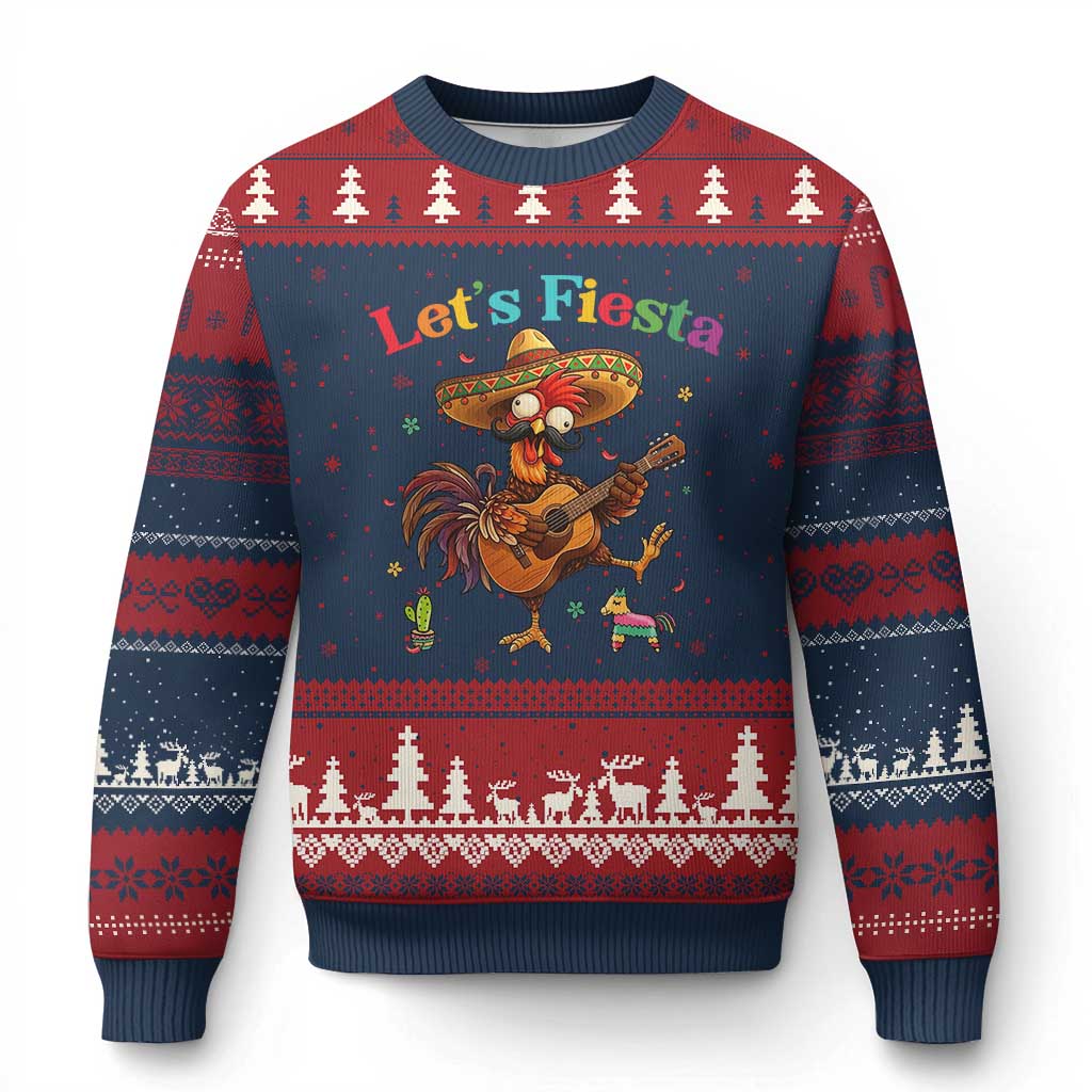 Lets Fiesta Cinco de May Ugly Christmas Sweater Funny Chicken Playing Guitar