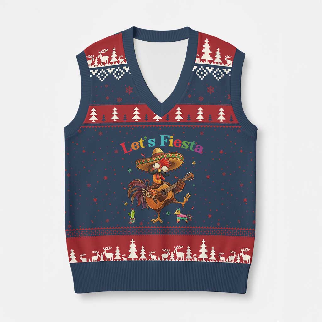 Lets Fiesta Cinco de May V-Neck Knit Sweater Vest Funny Chicken Playing Guitar