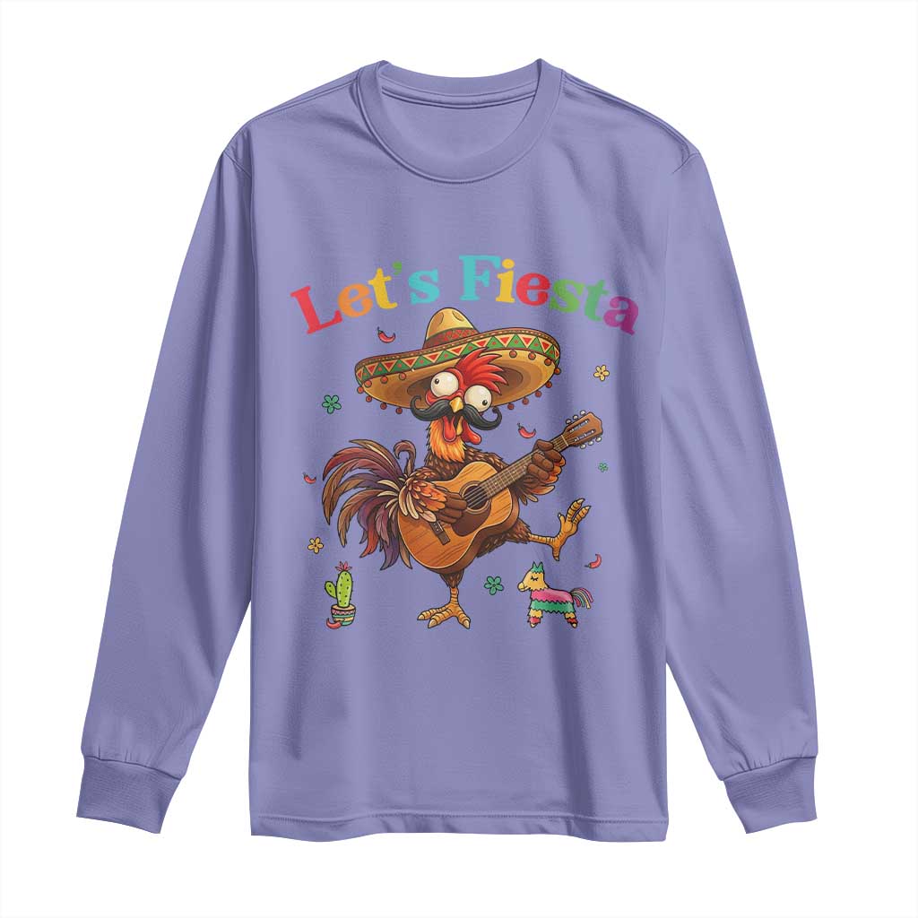 Lets Fiesta Cinco de May Long Sleeve Shirt Funny Chicken Playing Guitar