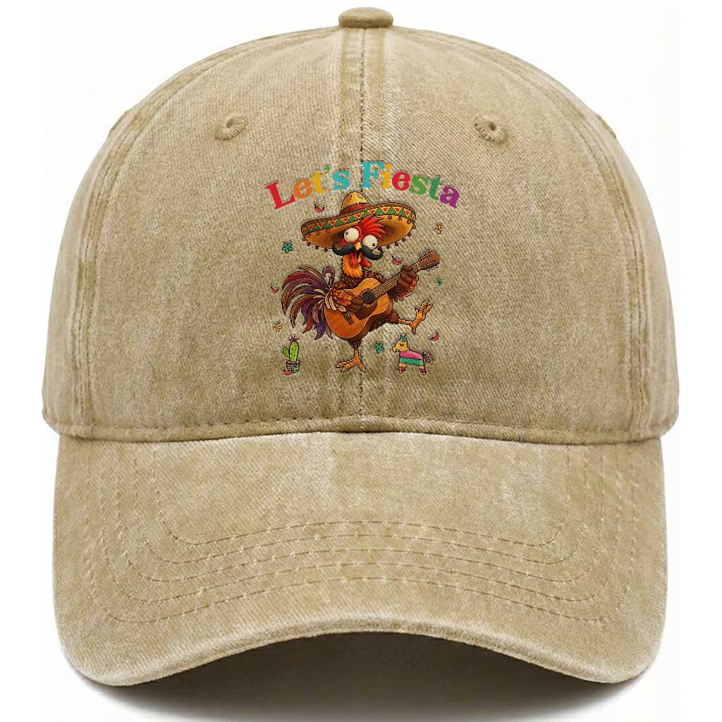 Lets Fiesta Cinco de May Washed Cotton Baseball Cap Funny Chicken Playing Guitar