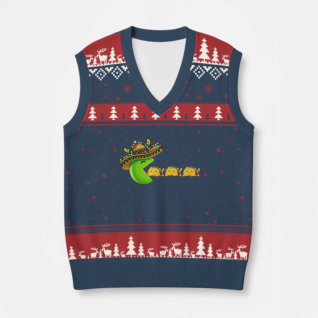 Cinco De Mayo Retro Game V-Neck Knit Sweater Vest Funny Sombrero Character Chasing Taco Cat