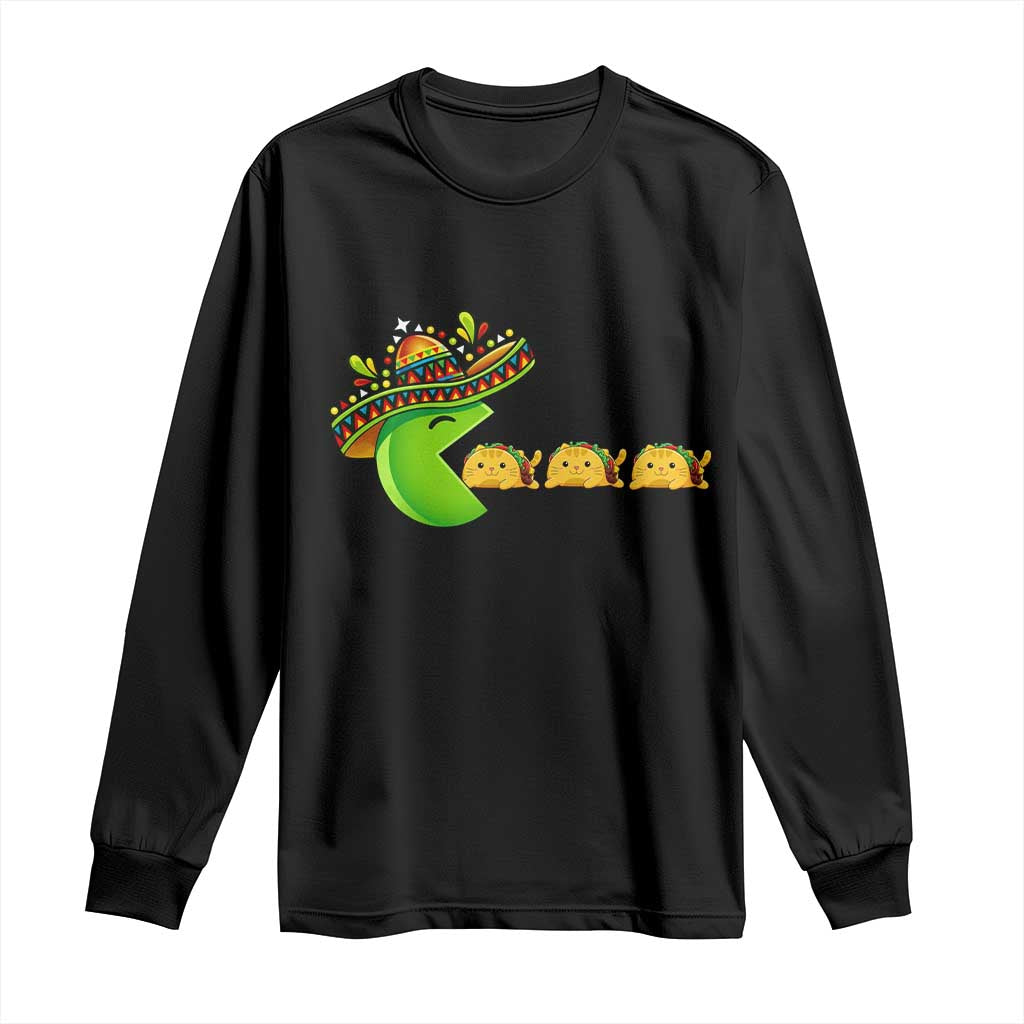 Cinco De Mayo Retro Game Long Sleeve Shirt Funny Sombrero Character Chasing Taco Cat