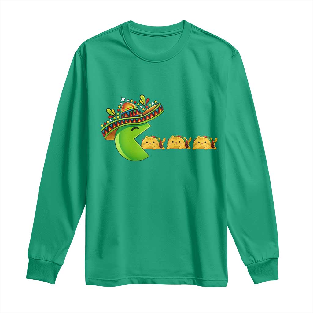 Cinco De Mayo Retro Game Long Sleeve Shirt Funny Sombrero Character Chasing Taco Cat