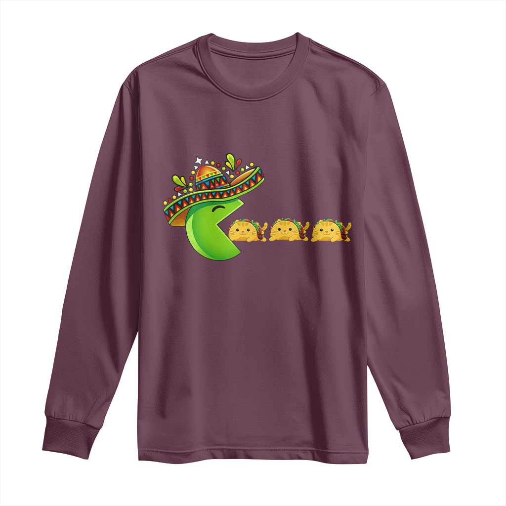 Cinco De Mayo Retro Game Long Sleeve Shirt Funny Sombrero Character Chasing Taco Cat