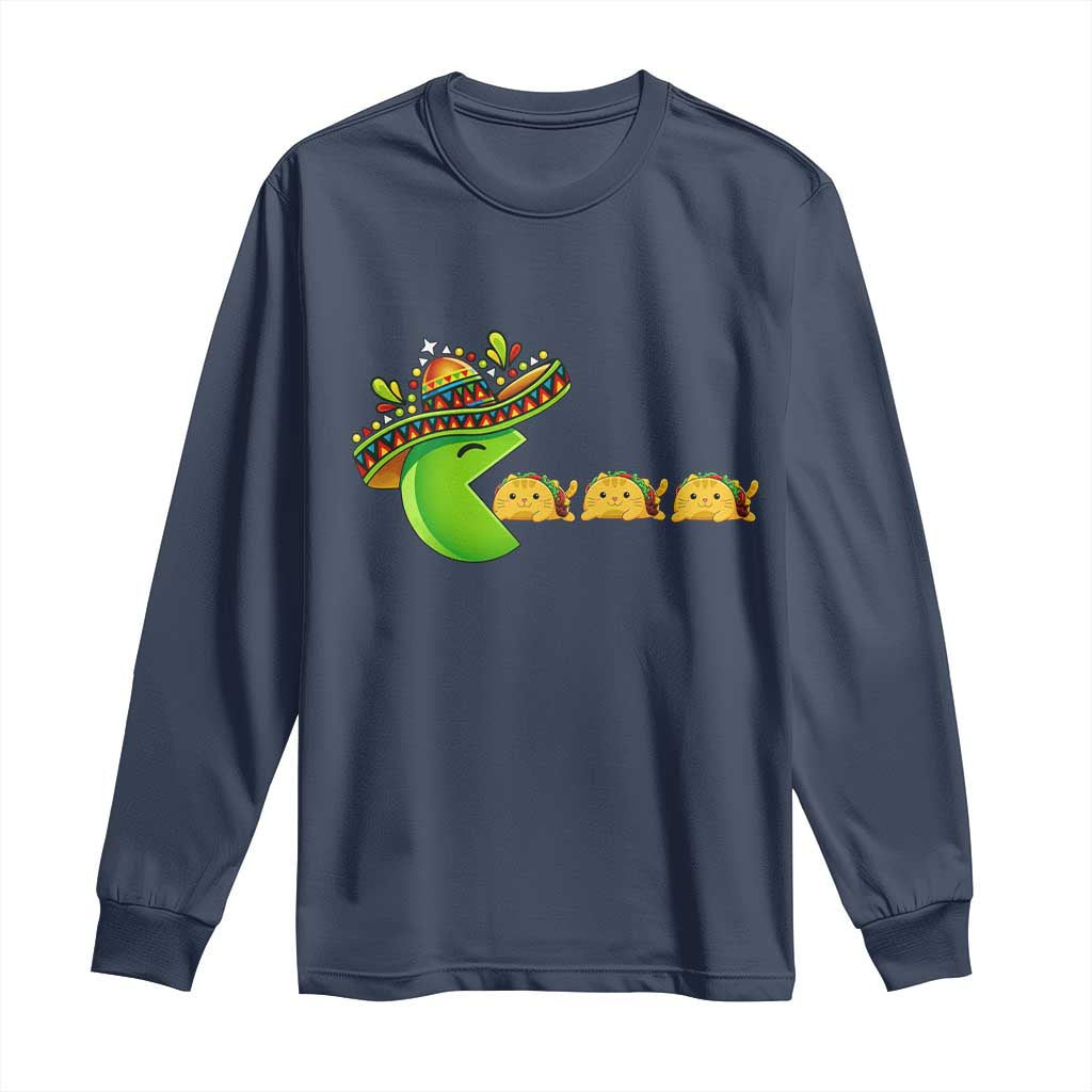 Cinco De Mayo Retro Game Long Sleeve Shirt Funny Sombrero Character Chasing Taco Cat