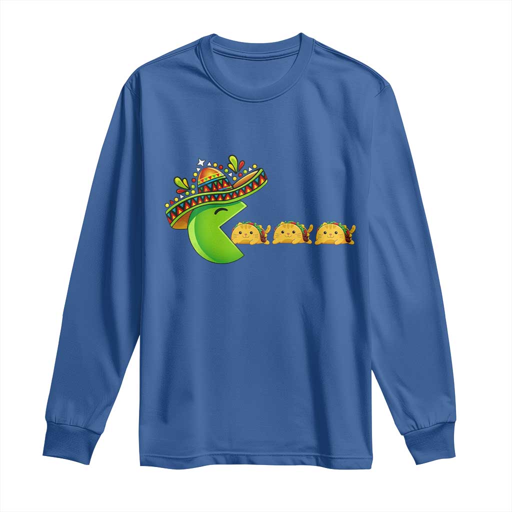 Cinco De Mayo Retro Game Long Sleeve Shirt Funny Sombrero Character Chasing Taco Cat