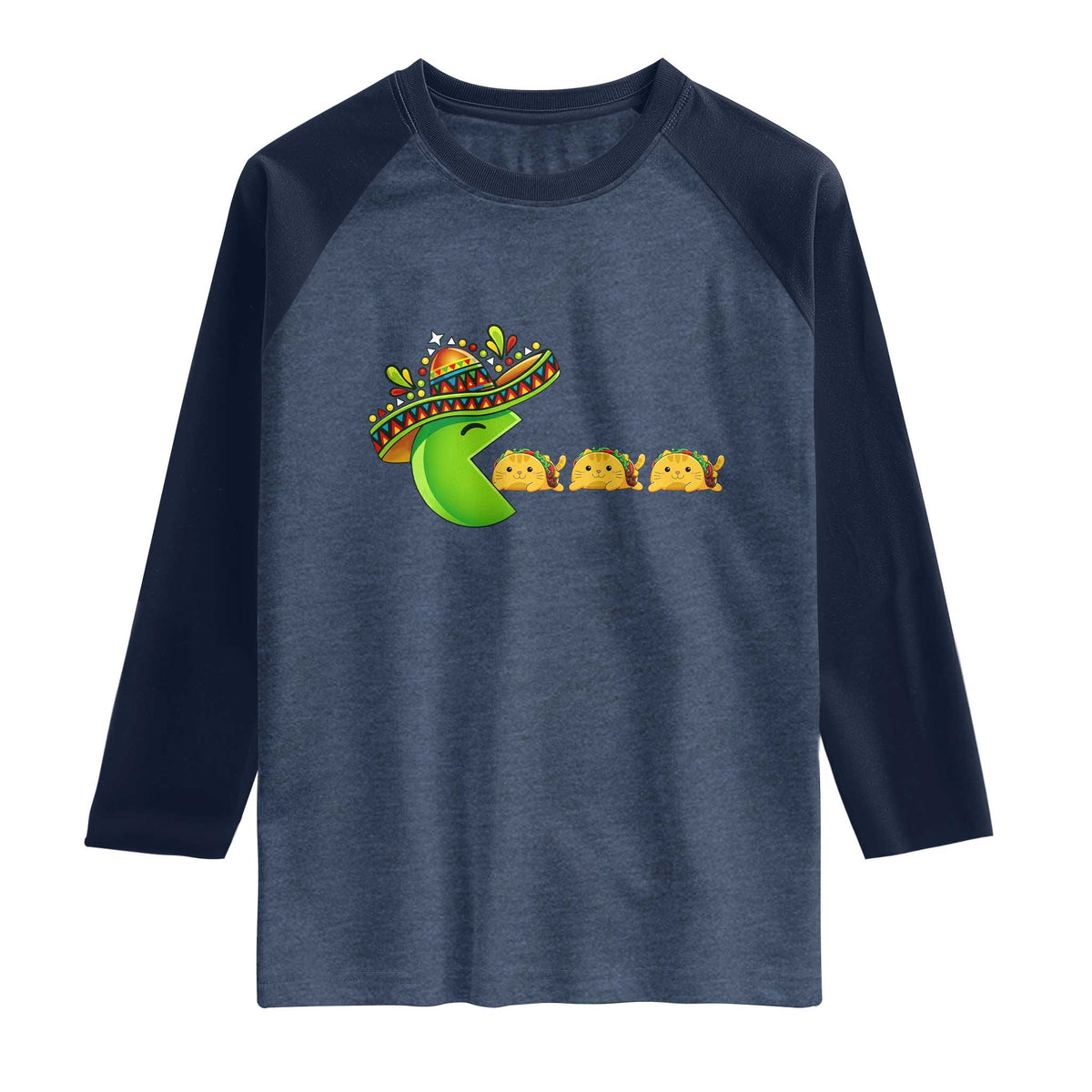 Cinco De Mayo Retro Game Raglan Shirt Funny Sombrero Character Chasing Taco Cat