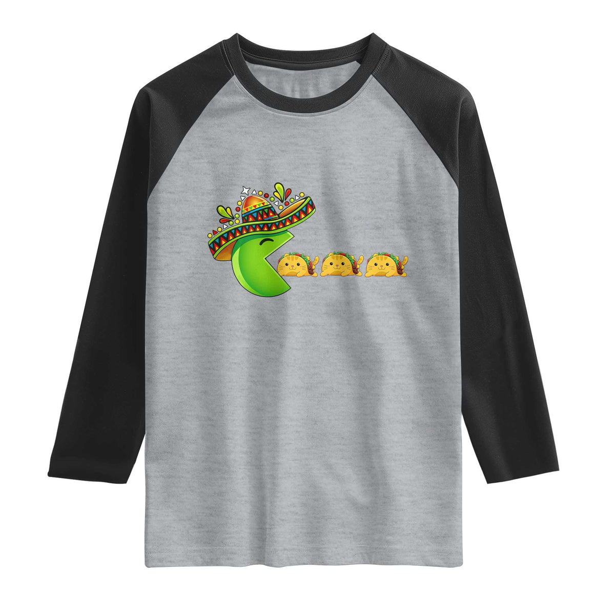 Cinco De Mayo Retro Game Raglan Shirt Funny Sombrero Character Chasing Taco Cat