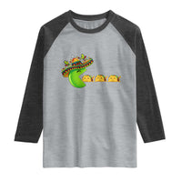 Cinco De Mayo Retro Game Raglan Shirt Funny Sombrero Character Chasing Taco Cat
