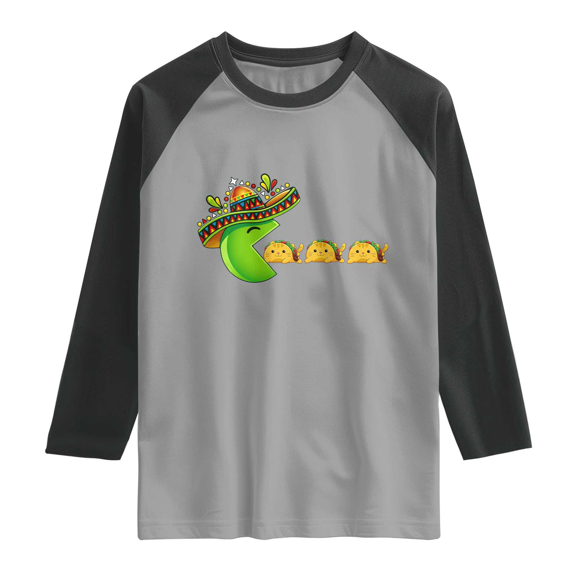 Cinco De Mayo Retro Game Raglan Shirt Funny Sombrero Character Chasing Taco Cat
