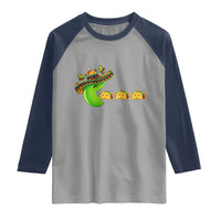 Cinco De Mayo Retro Game Raglan Shirt Funny Sombrero Character Chasing Taco Cat