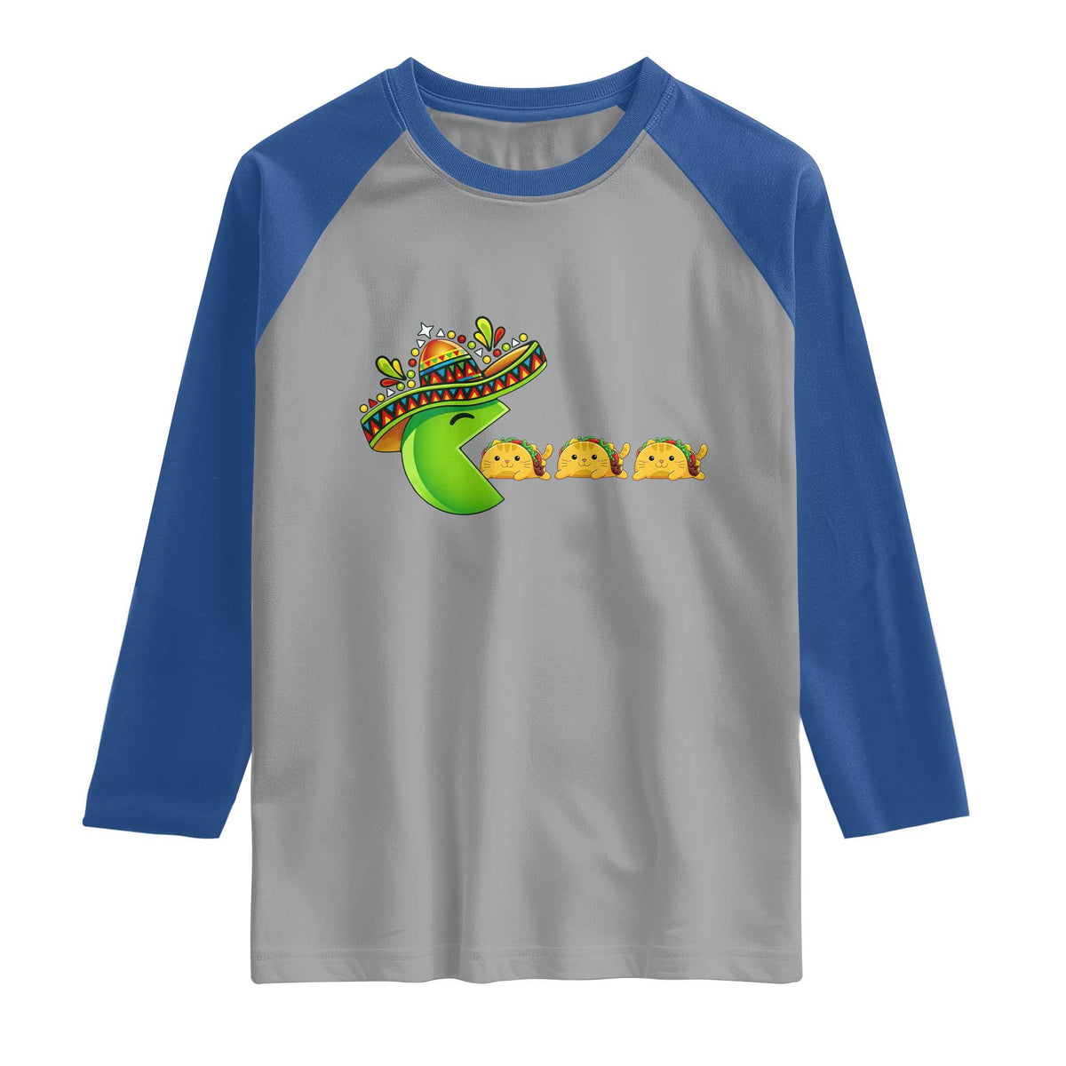 Cinco De Mayo Retro Game Raglan Shirt Funny Sombrero Character Chasing Taco Cat