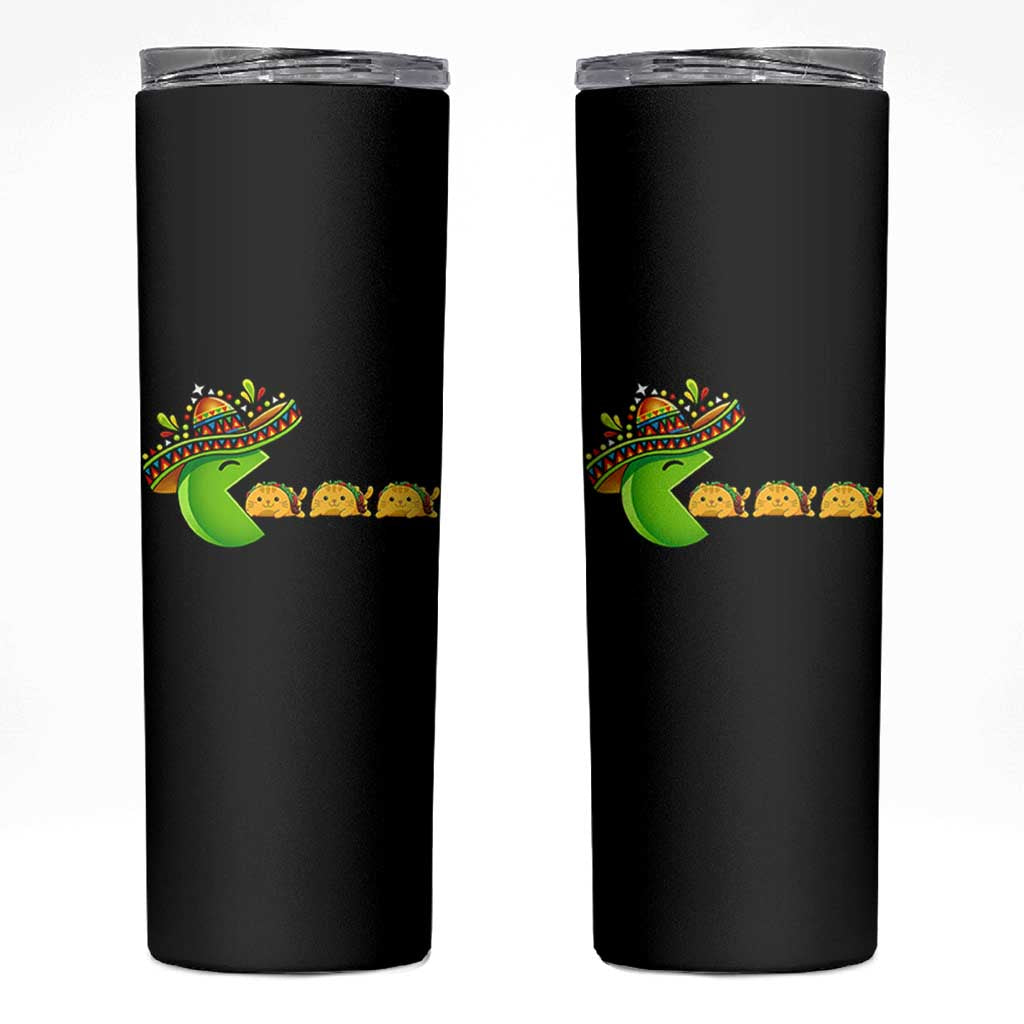 Cinco De Mayo Retro Game Skinny Tumbler Funny Sombrero Character Chasing Taco Cat
