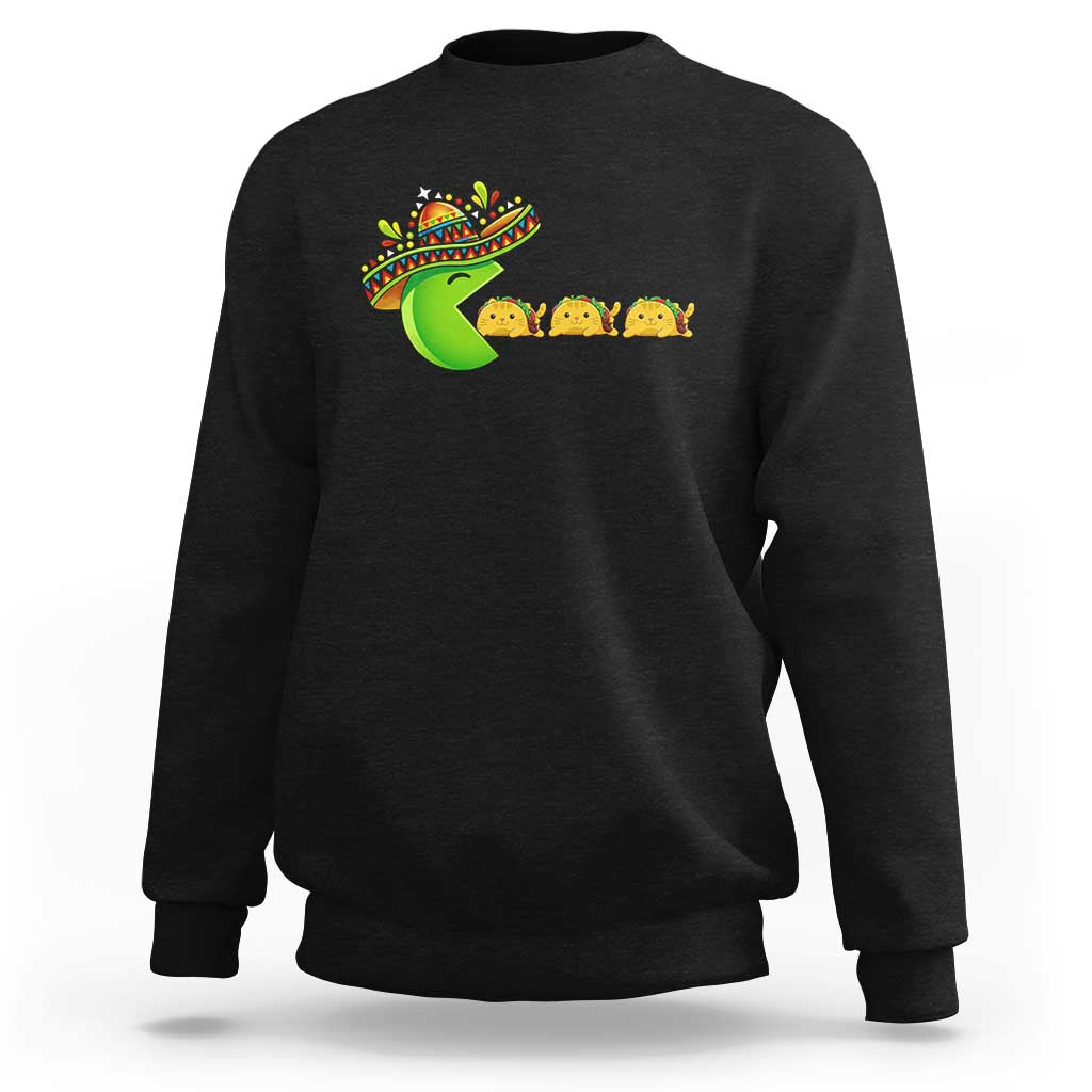 Cinco De Mayo Retro Game Sweatshirt Funny Sombrero Character Chasing Taco Cat