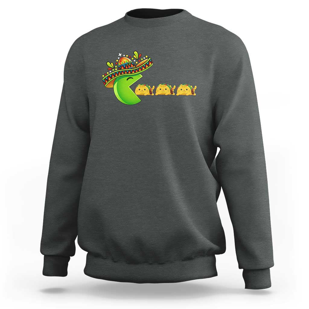 Cinco De Mayo Retro Game Sweatshirt Funny Sombrero Character Chasing Taco Cat