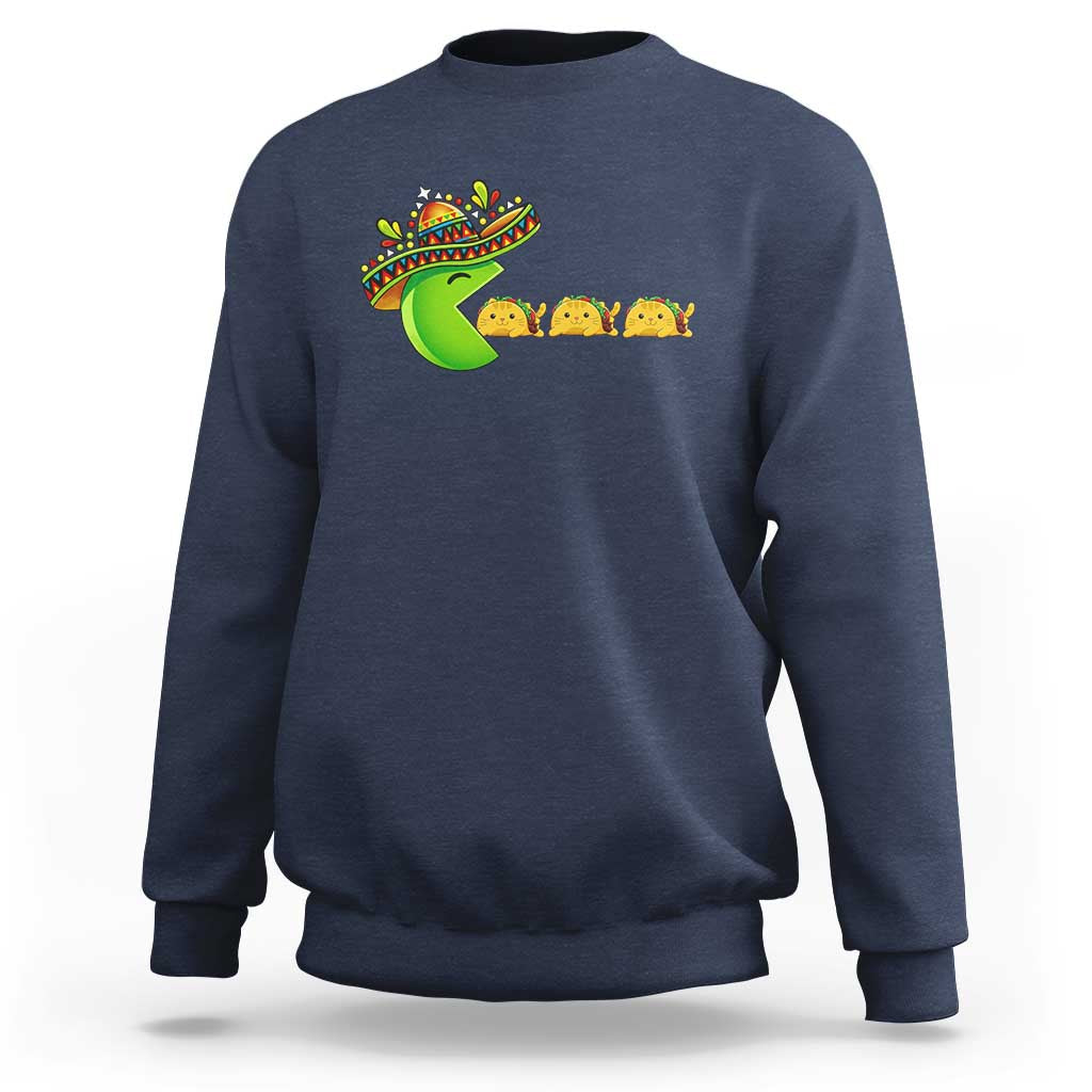 Cinco De Mayo Retro Game Sweatshirt Funny Sombrero Character Chasing Taco Cat