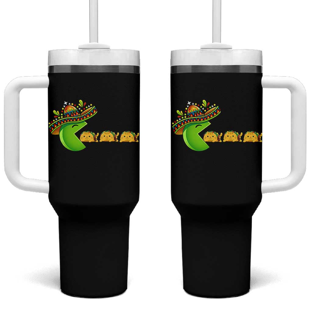 Cinco De Mayo Retro Game Tumbler With Handle Funny Sombrero Character Chasing Taco Cat
