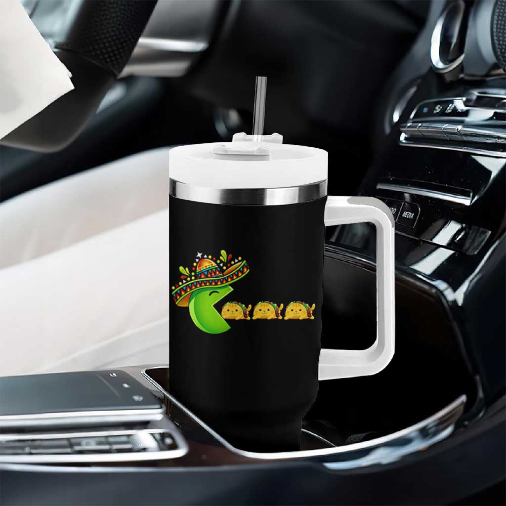 Cinco De Mayo Retro Game Tumbler With Handle Funny Sombrero Character Chasing Taco Cat