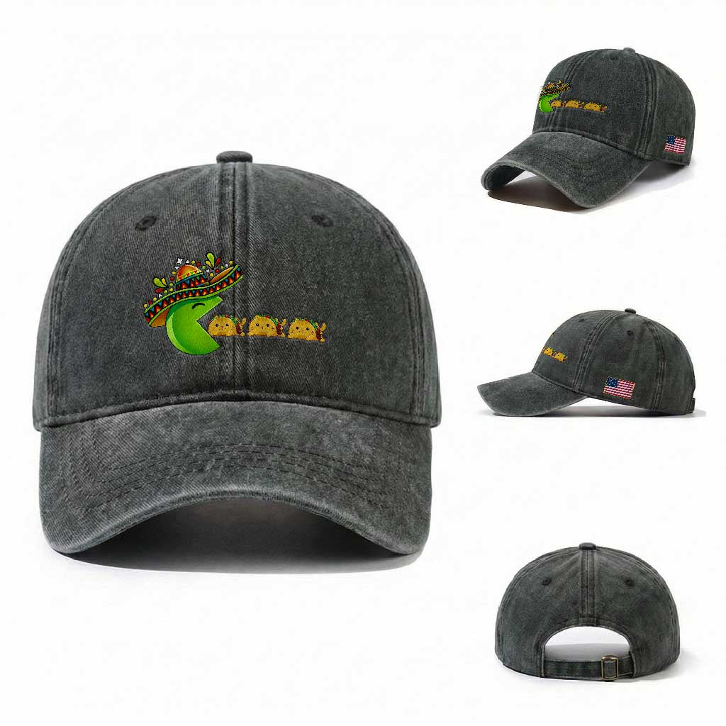 Cinco De Mayo Retro Game Washed Cotton Baseball Cap Funny Sombrero Character Chasing Taco Cat