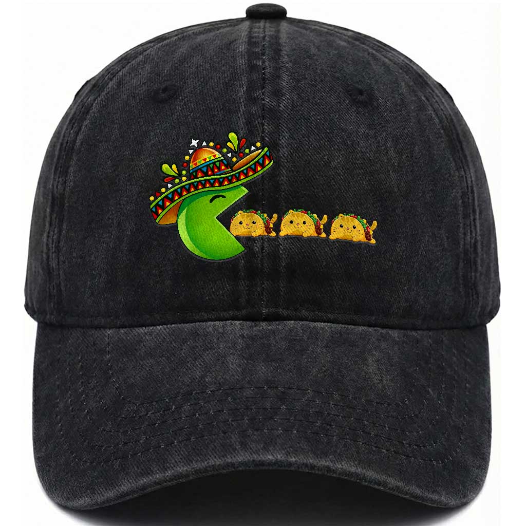 Cinco De Mayo Retro Game Washed Cotton Baseball Cap Funny Sombrero Character Chasing Taco Cat