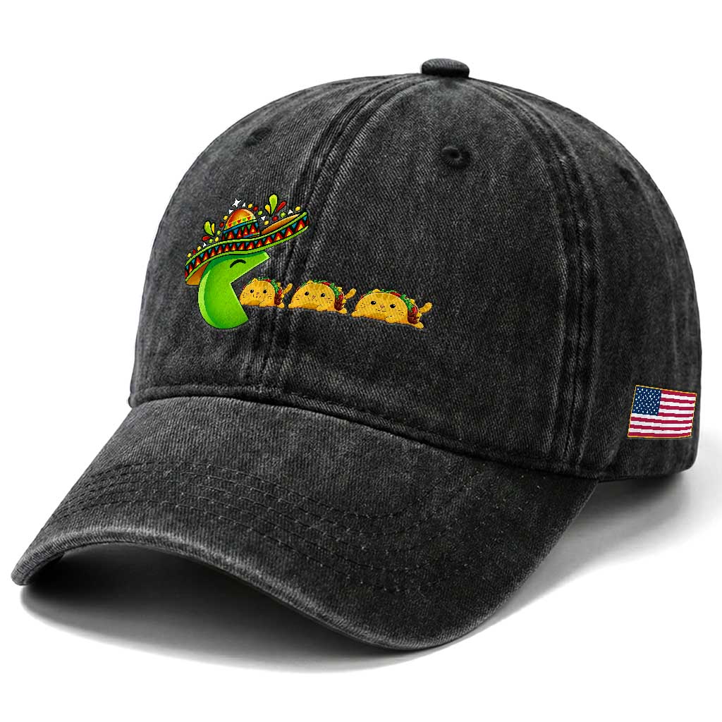 Cinco De Mayo Retro Game Washed Cotton Baseball Cap Funny Sombrero Character Chasing Taco Cat